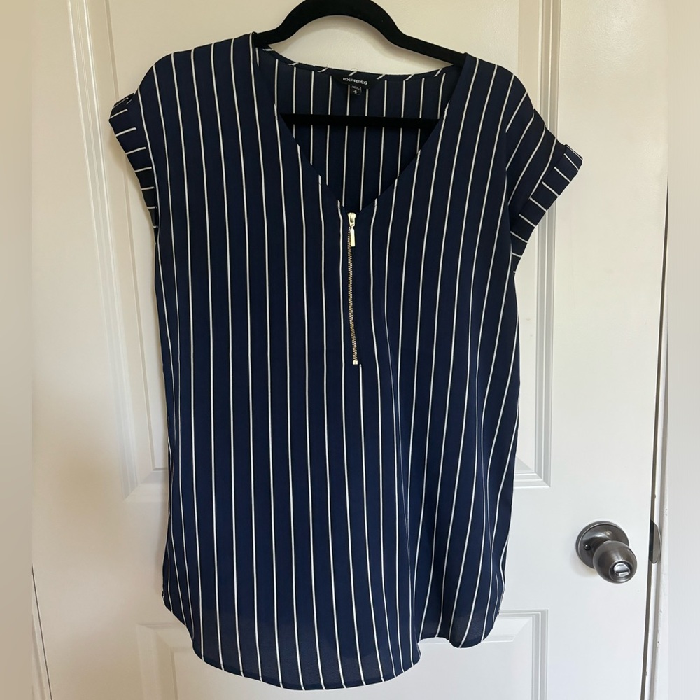 Express Navy & White Striped Zipper Front Blouse